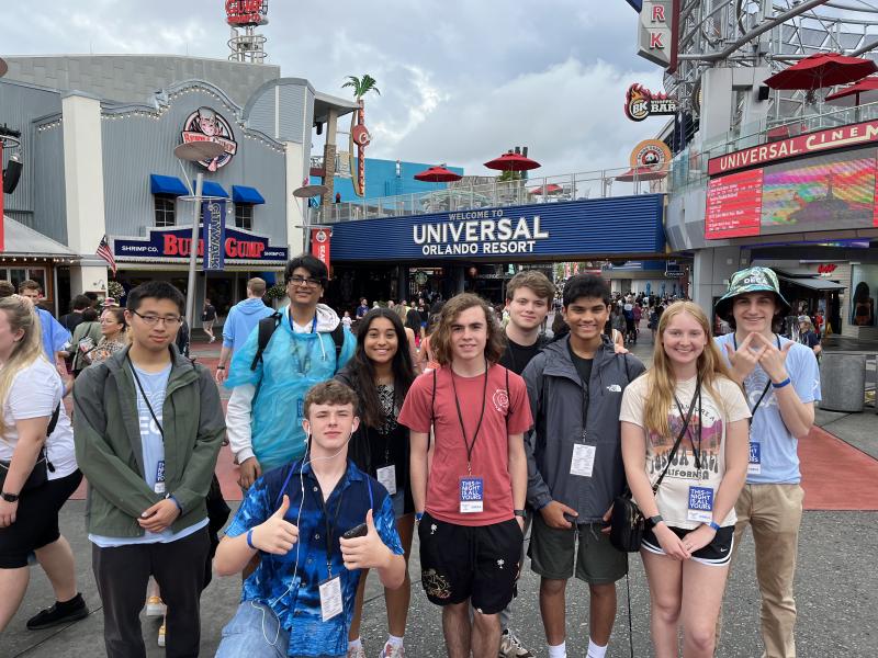 Cape students enjoying DECA night at Universal Studios are (l-r) Jia Qi Xie, Sahil Patel, Sia Patel, Jacob Mclean, Wiley Owens, Krish Prattipati, Kathryn Costello, Andrew Racz and Will Powell kneeling in front.